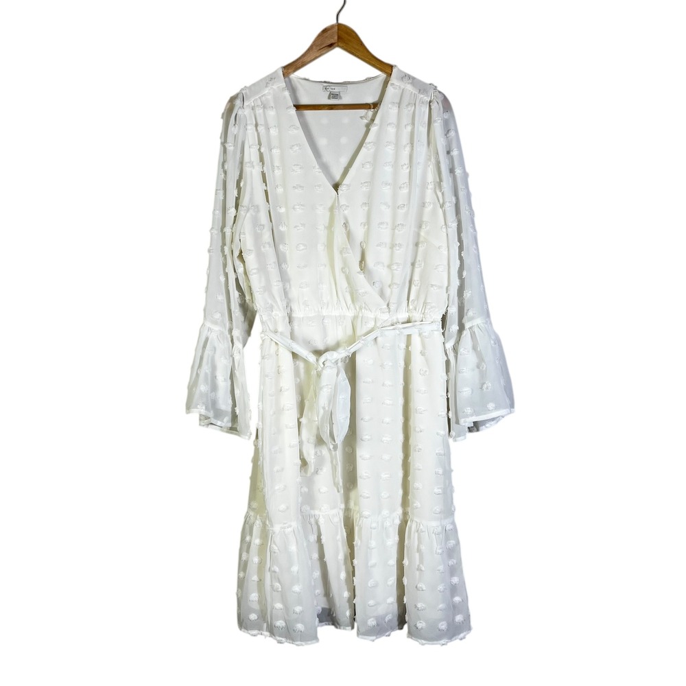 Cato White Textured Dot Wrap Midi Dress Belted Ruffle Sleeve Plus Size 18 20W
